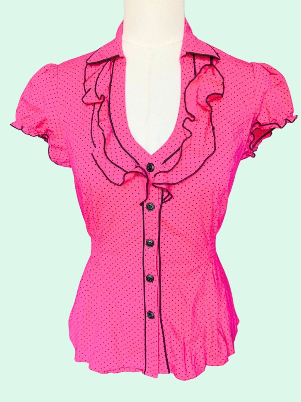 Y2K Sugar Tart Pink Polka Dot Ruffle Blouse